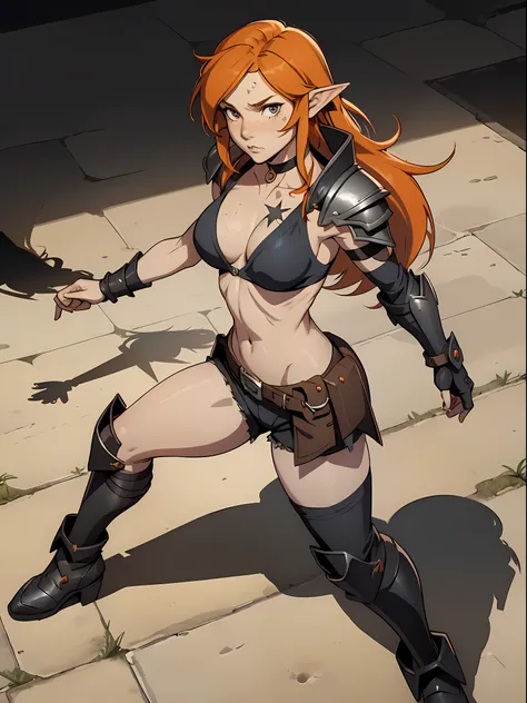 small breasts, bikini top, shorts, long hair, orange hair, elf, (mature face:1.4), choker, goth boots, armor, freckles, anime style, (dynamic shadow:1.4)