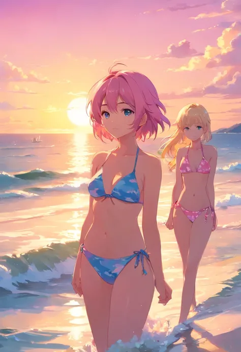 Meisterwerk, best qulaity, Still 2 Girls 1 Girl Pink Hair Blue bikini and 1 girl Blonde hair and White bekini beach waves sea summer sunset