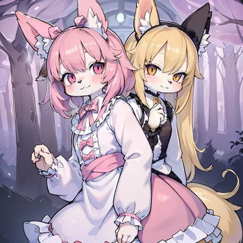 chiquita、Beastman、kawaii、lolita、Image colors of pink and white、Fox ears、Fox tail、Clothing with a lot of frills、skirt by the、Many ribbons、kawaii、lolita、chiquita、Beastman、length hair、Lowered hair、Clothes with a lot of frills、Image colors of pink and white、ye...