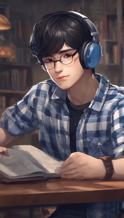 boy with round glasses and tall, wearing a blue check shirt, black hair, gaming, background with Discord website, headphones anime