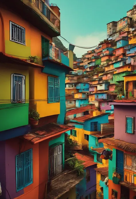 Crie uma favela estilo Rio de Janeiro mostrando ela de lado, Animado, colorida, h completo, estilo cartoon, mais longe