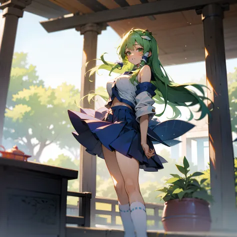 Sanae Kochiya, green hair, big tits, shrine, school uniform,