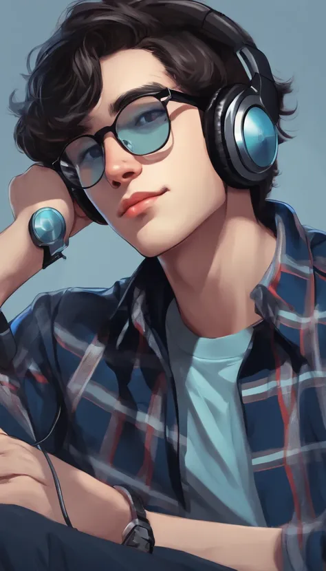 boy with round glasses and tall, wearing a blue check shirt, black hair, gaming, background with Discord website, headphones, vibrant colors, studio lighting