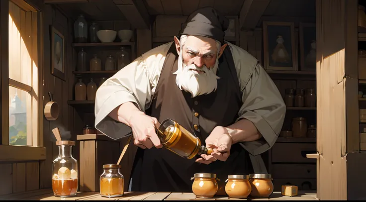 A dwarf，short，lbeard，With a hat，Skinny and small，Little old man，Holding a jar of honey，Dig the honey in with your hands and eat it，The expression suddenly realized，Nikke，In the wooden house，There were plenty of honey jars in the wooden house，Western fantas...