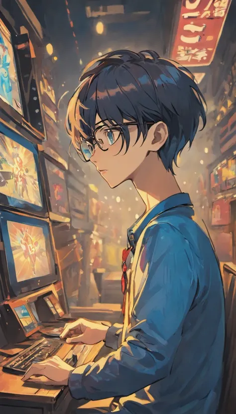 boy with round glasses and tall, wearing a blue check shirt, black hair, gaming, background with Discord website, headphones, landscape.