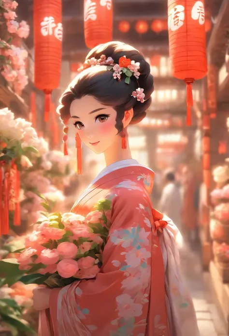 Girl in Hanfu，1 bouquet of flowers in hand，Be in a crowded market，Girl standing in front of the flower shop