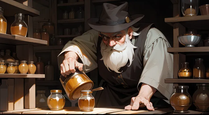 A dwarf，short，lbeard，With a hat，Skinny and small，Little old man，Holding a jar of honey，Dig the honey in with your hands and eat it，The expression suddenly realized，Nikke，In the wooden house，There were plenty of honey jars in the wooden house，Western fantas...