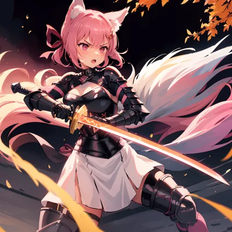 1girl, Arena, battlefield, battle arena, holding sword in hand, fun expression, sword stance, fighting stance, sexy knight armor, pink eyes, ember hair, hair ornament, hair ribbon, short hair, wolf ears and tail