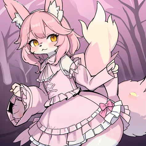 chiquita、Beastman、kawaii、lolita、Image colors of pink and white、Fox ears、Fox tail、Clothing with a lot of frills、skirt by the、Many ribbons、kawaii、lolita、chiquita、Beastman、Hair to the shoulders、Lowered hair、Clothes with a lot of frills、Image colors of pink an...