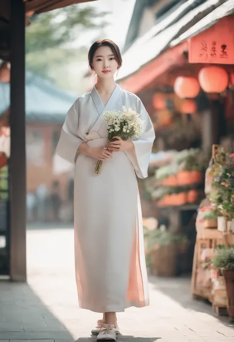 Girl in Hanfu，holds a bouquet of flowers，Be in a crowded market，Girl standing in front of a flower shop