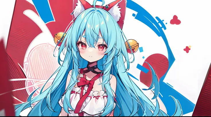 full bodyesbian, Full of details,  full bodyesbian，Solo dance，, Long blue hair, White cat ears, red inside cat ears, a huge red bow from neck to chest, blue pea eyebrows, strapless suspenders, Red eyes, Flat chest, Loli , with very large round yellow bells...