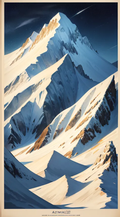 Samivel affiche, affiche vintage, Montagne de neige, vieille affiche, Old-fashioned poster. Inspired by Samivel (8k, highly quality, Hdr, esquisse) esquisse pastel, dessin esquisse, dessin pastel, couleur douce, couleur pastel.