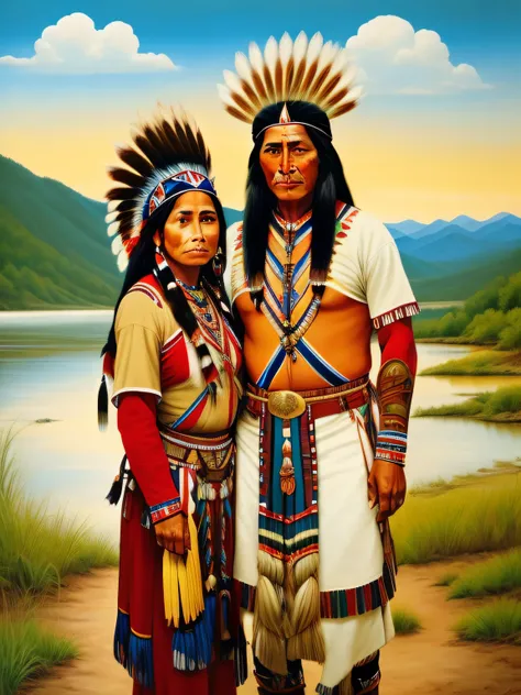 arafed native american couple standing in front of a river, : native american shamen fantasy, native american art, ( art fitzpatrick ), native american, inspired by George Catlin, full color illustration, by David B. Mattingly, native art, indigenous, indi...