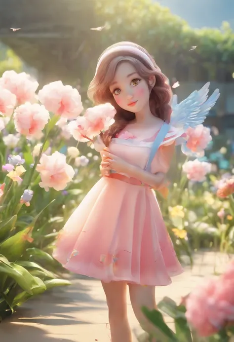 super cute girl IP by pop mart, Bright eyes, cherub,Small long skirt, Glossy and delicate,Flower sea background, Good gloss, 3D rendering of,Best quality