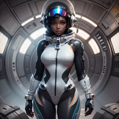 a black woman in an African designed space suit with a helmet and goggles, cgsociety 9, sci-fi, with iridescent light, 32k, ultra HD, unreal engine rendered, cinematic lighting, bright and vibrant colours, photorealistic image, --auto --s2