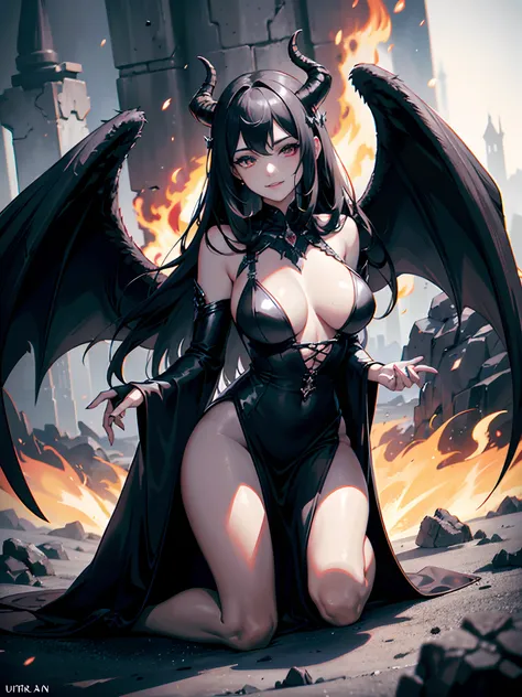 Beautiful woman, black hair, fallen angel on her knees, big black wings in the upper back, 8k, ultra realistic, apocalyptic landscape, very dark atmosphere, hell, lava, fire, maleficent, (cracked skin revealing the fire below)), evil smile, sparks