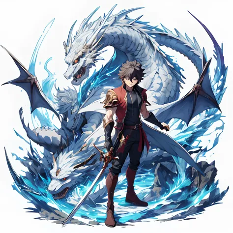 Anime character with a sword and dragon on a white background, god of dragons, arte conceitual de deus, arte de anime em alta, human and dragon fusion, Deus do Submundo, arte de anime em alta, Otaku Gangasta, o deus do caos, trending on artstation pixiv, D...