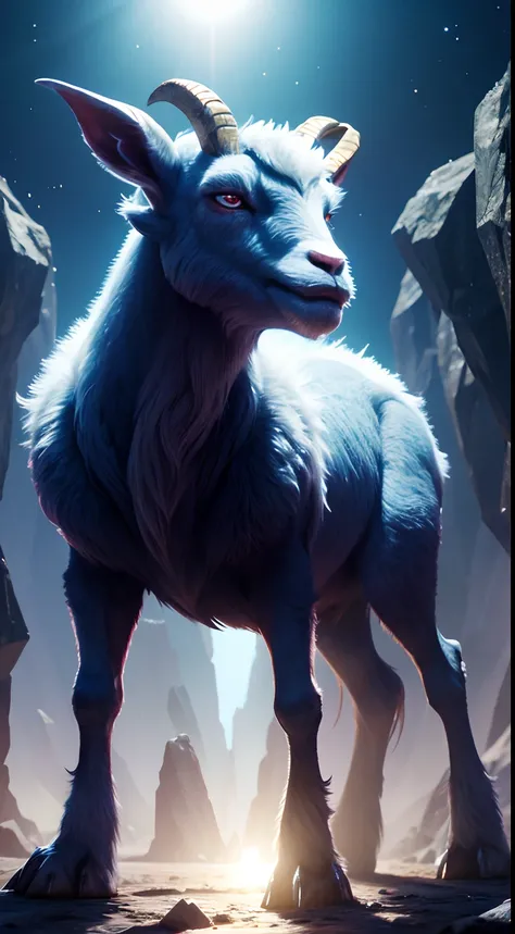 diamond creature, part of goat, full body, krystal planet behind, blinking, Animal Anthropomorphism, realistic digital, humanoid, abstract background, global illumination, intricate, epic, dramatic, masterpiece, high detail, best quality, ultra high res