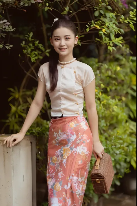 arafed asian woman in a floral skirt and a white blouse, in style of lam manh, traditional beauty, traditional chinese, traditional chinese clothing, cheongsam, dilraba dilmurat, chinese style, in style of thawan duchanee, sukhothai costume, ruan jia beaut...