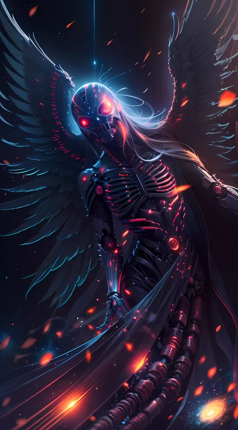 Cosmic Fallen Angel, glowing light eyes, Biomechanical, eerie, Creepy, nightmarish, Very bright colors, Light particles, with light glowing, Mshiff, wallpaper art, UHD wallpaper