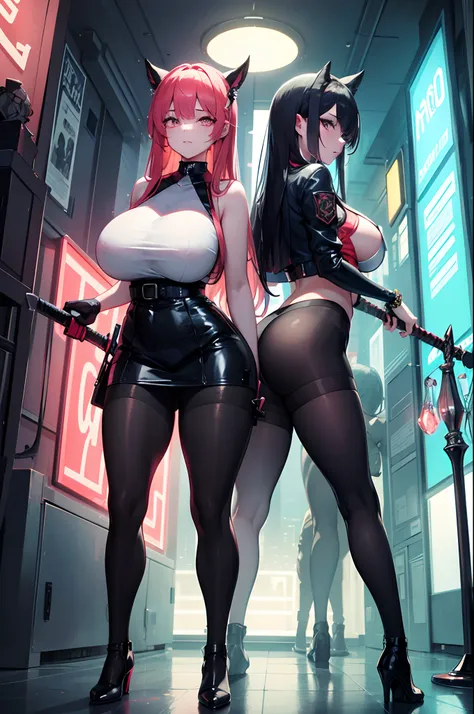 Two women standing in a neon-lit city, wielding swords. They are dressed in random skirts and leggings and top. The scene is illuminated with vibrant and colorful lights, creating a visually stunning atmosphere. The image is high-resolution, showcasing eve...