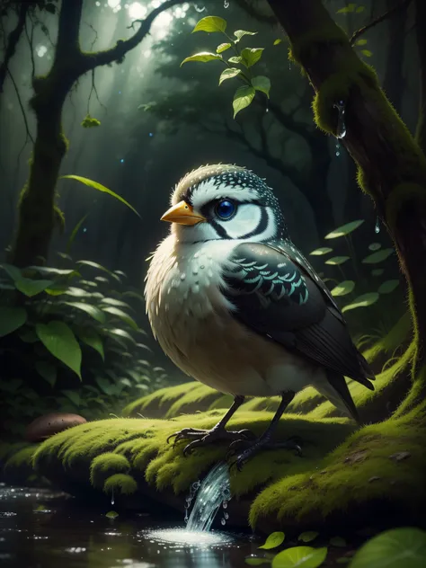 Masterpiece, Macro photography of a bird, drinking water in the forest, nightfall, Mushrooms, dew drops, High contrast, Studio Ghibli Style, very complex, Highly detailed, photo realistic style