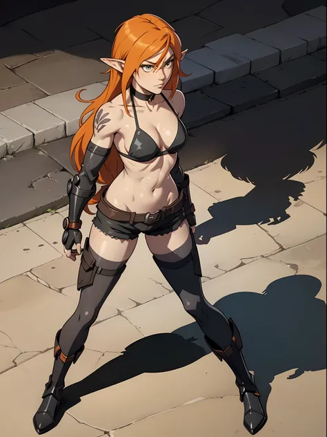 small breasts, bikini top, shorts, long hair, orange hair, elf, (mature face:1.4), choker, goth boots, armor, freckles, anime style, (dynamic shadow:1.4)