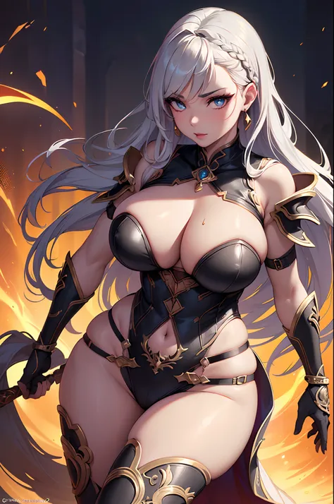 (a sexy thick woman with long braided black hair, huge boobs, sexy pose, detailed eyes and face:1.2, gorgeous face:1.3, sexy warrior outfit:1.4, grey skin, perfect body, glossy lips, seductive gaze, elaborate jewelry, strong and confident stance, vibrant b...