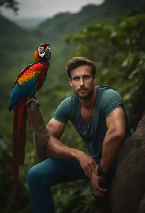 portrait of a man, 28 years old, blue eyes, climbing cliff, jungle, forest, parrot