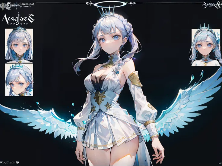 Beautiful girl with hair，angelicales，Wearing a plain  dress，There is a halo on the top of the head，french braid，，There is only one wing behind him，adolable，epic exquisite  character art, Amazing characters，Medieval theme，character design sheet，Character em...