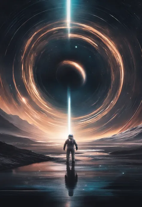 In Interstellar, an astronaut travels through a black hole in an interstellar universe，((Masterpiece))，(Best quality))，Magnificent space image scene