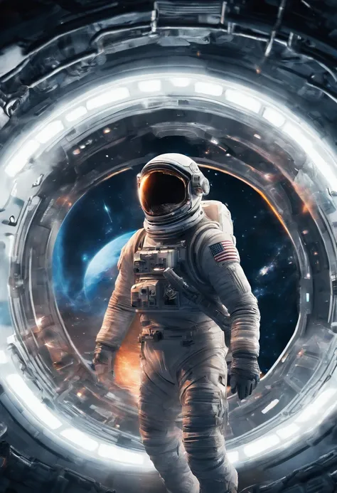 In Interstellar, an astronaut travels through a black hole in an interstellar universe，((Masterpiece))，(Best quality))，Magnificent space image scene