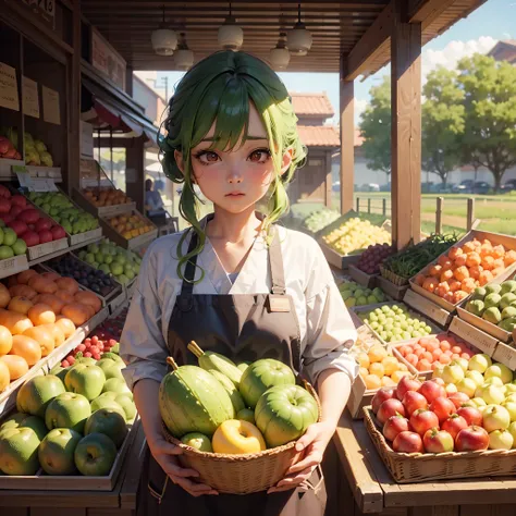 there is a woman holding a basket of fruit in front of a fruit stand, realistic anime 3 d style, anime realism style, realistic anime artstyle, anime style. 8k, realistic anime art style, artwork in the style of guweiz, 3 d anime realistic, loli, anime rea...