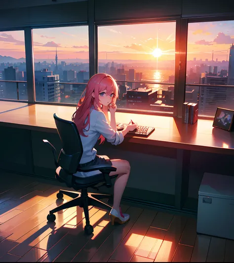 a sitting chair at a desk in front of a computer, 4k anime wallpaper, anime art wallpaper 4 k, anime art wallpaper 4k, anime wallpaper 4k, anime wallpaper 4 k, by Alena Aenami, computer aesthetic, anime art wallpaper 8 k, style of alena aenami, watching th...