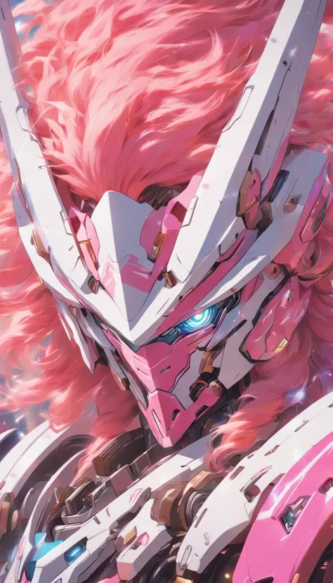 Pink and white hair and pink and white helmet of Arafs, Detailed digital anime art, Best anime 4k konachan wallpaper, anime mecha aesthetic, 4k highly detailed digital art, robot mecha female dragon head, wlop and krenz cushart, highly detailed anime, mech...