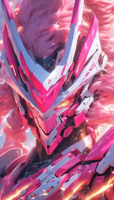 Pink and white hair and pink and white helmet of Arafs, Detailed digital anime art, Best anime 4k konachan wallpaper, anime mecha aesthetic, 4k highly detailed digital art, robot mecha female dragon head, wlop and krenz cushart, highly detailed anime, mech...