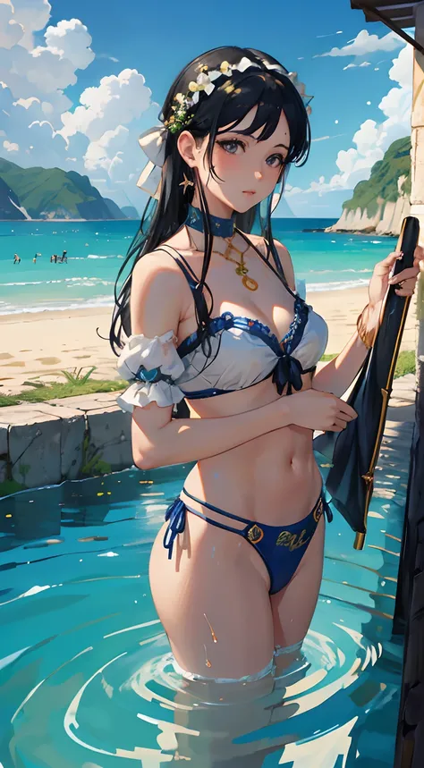 Anime girl in a bikini in a pool with an umbrella, roupa de banho, Guweiz, bswimsuit, mulher bonita sedutora do anime, Artgerm extremamente detalhado, Realistic bikini, Cute bikini, wet swimsuit, Art not Guweiz style, Loli, bikini blue, menina anime seduto...