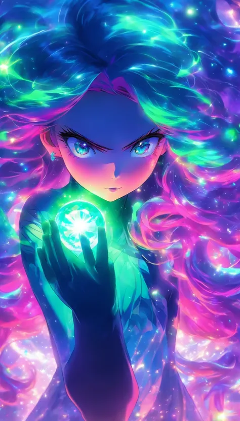 Masterpiece, Best quality, 1girll, Long purple hair flowing flowing, Blue, and green, Wear stylish black tights, Stand in a dramatic position，one hand on hips，The other hand holds the glowing one, Magical crystal ball. in the background, A swirl of light a...