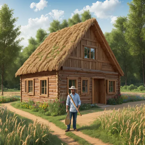 A man holding an axe standing looking at his house in his wooden house in a wheat field with enclosures and gardens of Christ