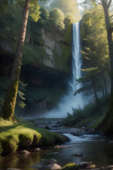 Analog style,ChromaV5,nvinkpunk,(extremely detailed CG unity 8k wallpaper),An image of a majestic river, trees on the sides, tiny waterfall, intense fog ,award winning photography, Chromatic Aberration, Detailed , HDR, Bloom, style by Monet, Pissarro, and ...