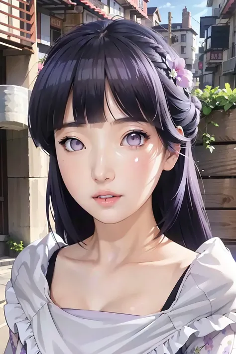 (masterpiece),(best quality:1.0), (ultra highres:1.0), detailed illustration, portrait, detailed,1 girl, detailed frilled clothes, detailed beautiful skin, face focus, in street, spring, flowers in  balcony,Blunt Bangs, purple eyes, medium dark blue hair