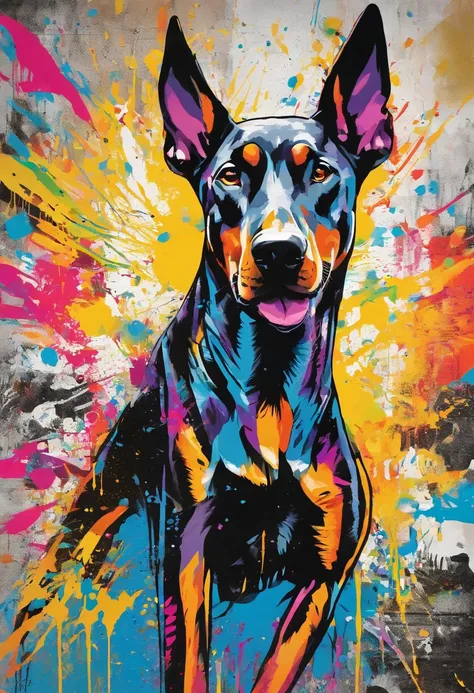 by Graffiti By Thierry Guetta,Coloring, (((Dobermann dog)))), Splashing,Punctuated Ear, Disembodied Head, Mixing Color Ink Stream, Photorealistic, American Doberman, Intrinsically Detailed, Gouache, Evil Face, Calligraphy, Acrylic, (Bone:1.5), 8k Concept A...