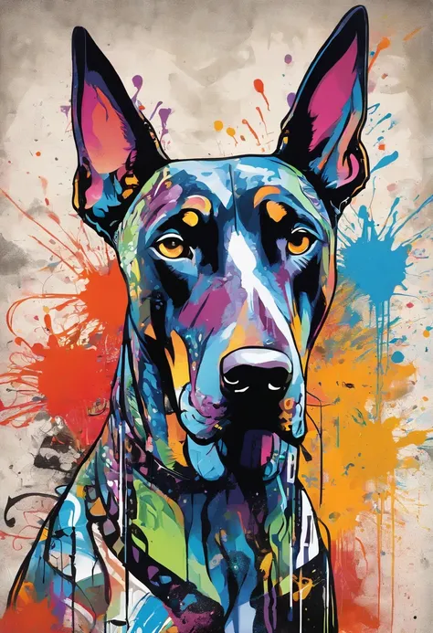 by Graffiti By Thierry Guetta,Coloring, (((Dobermann dog)))), Splashing,Punctuated Ear, Disembodied Head, Mixing Color Ink Stream, Photorealistic, American Doberman, Intrinsically Detailed, Gouache, Evil Face, Calligraphy, Acrylic, (Bone:1.5), 8k Concept A...