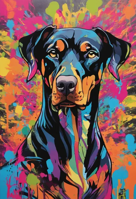 by Graffiti By Thierry Guetta,Coloring, (((Dobermann dog)))), Splashing,Punctuated Ear, Disembodied Head, Mixing Color Ink Stream, Photorealistic, American Doberman, Intrinsically Detailed, Gouache, Evil Face, Calligraphy, Acrylic, (Bone:1.5), 8k Concept A...