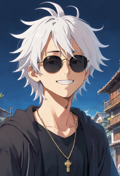 anime boy with white dreads, sunglasses, wears black clothes, has a small necklace around his neck and expresses joy