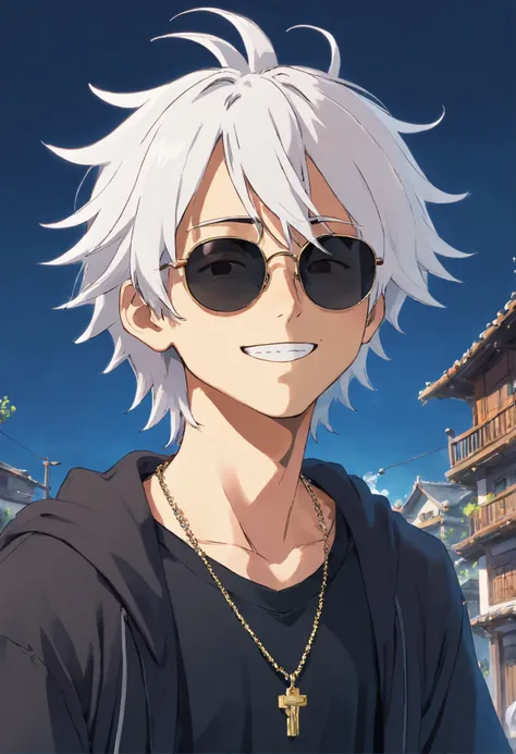 anime boy with white dreads, sunglasses, wears black clothes, has a small necklace around his neck and expresses joy