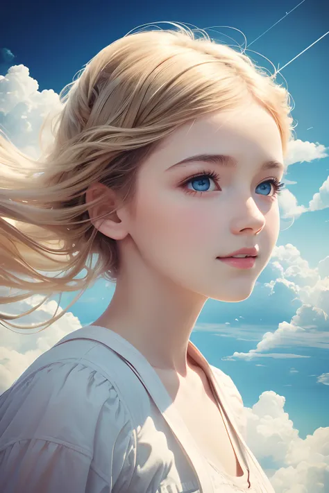 masterpiece, best quality, movie still, 1girl, floating in the sky, cloud girl, cloud, (close-up:1.1), bright, happy, fun, soft lighting, (Bauhaus, shapes, lines, abstract:1.1)