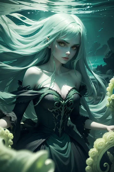 a picture of a sea witch, long green hair, evil, villain, she is coming to you, up close, dark ocean,( underwater:1.1), lightning, bright eyes, wearing a dress made of algae, tentacles, octopus, (up close:1.3)