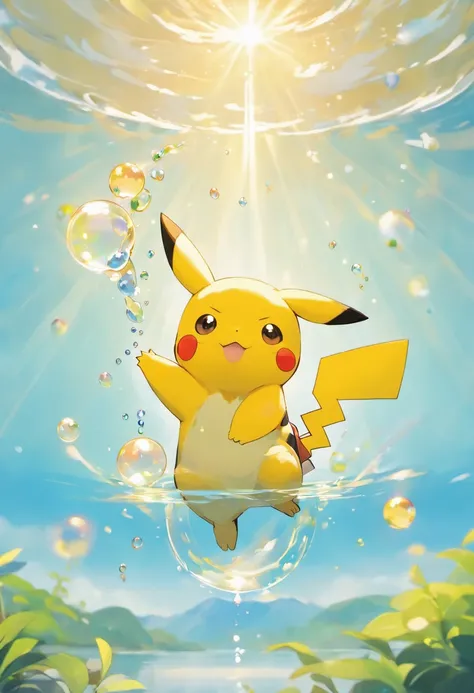 A touching scene in ultra-high definition 3D showcasing Pikachu making a wish beside a tranquil lake. Pikachu wearing a ninja dress, beautifully rendered in detail, is seen gently blowing bubbles into the air, each one carrying a hopeful wish. The bubbles ...