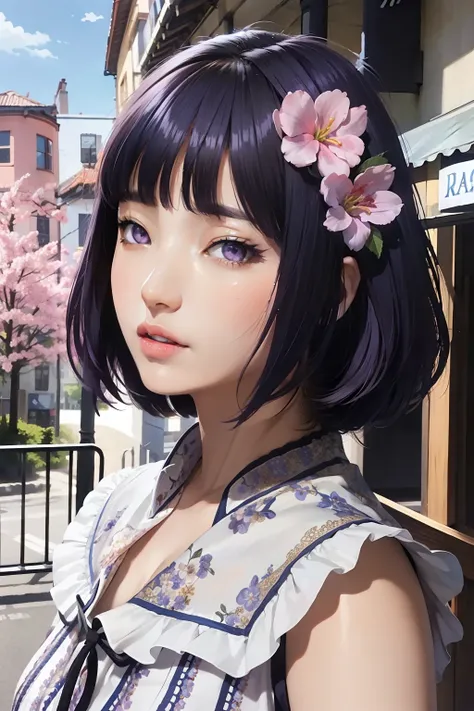 (masterpiece),(best quality:1.0), (ultra highres:1.0), detailed illustration, portrait, detailed,1 girl, detailed frilled clothes, detailed beautiful skin, face focus, in street, spring, flowers in  balcony,Blunt Bangs, purple eyes, medium dark blue hair